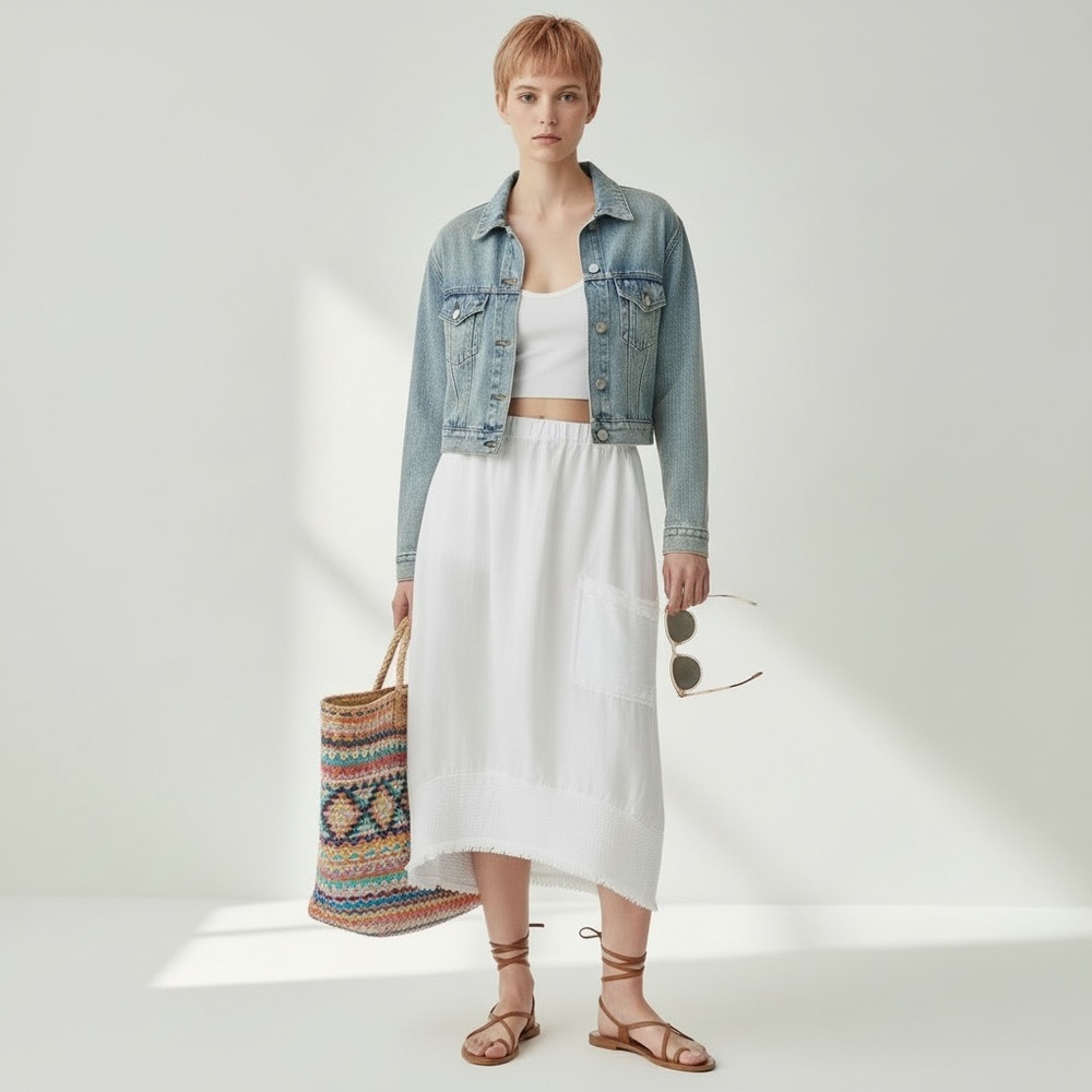 Italian Linen Boho Barrel Midi Skirt